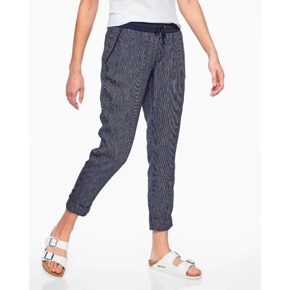 Athleta Stripe Bali Linen Ankle Pant‎ Navy Blue White 8 - Picture 1 of 6